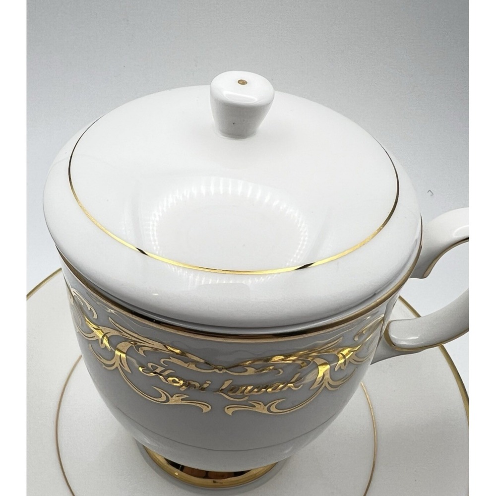 Vintage Hankook Ceramic Kopi Luwak Lidded Coffee Cup Saucer Set Gold Trim Rare - Picture 5 of 16